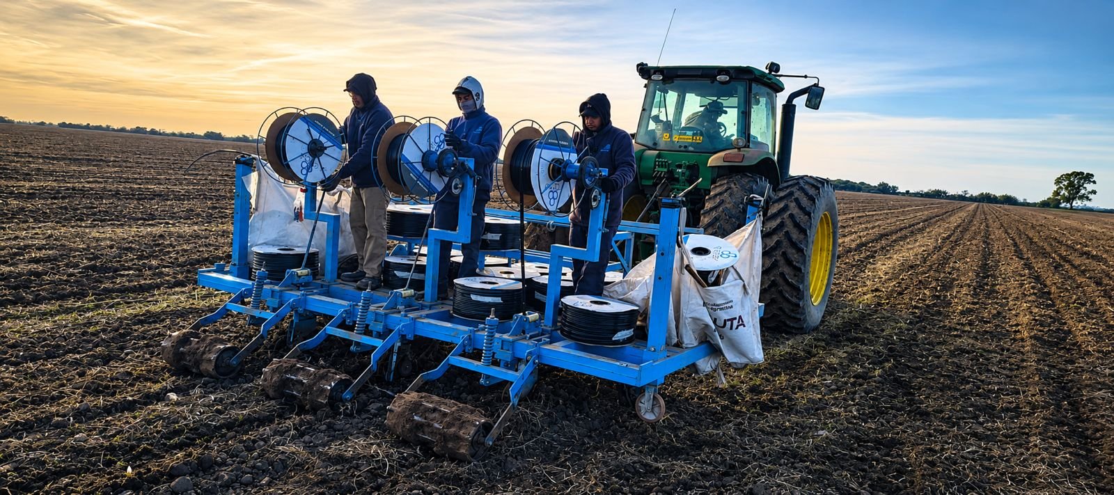 Equipo instalando líneas de riego por goteo en un lote